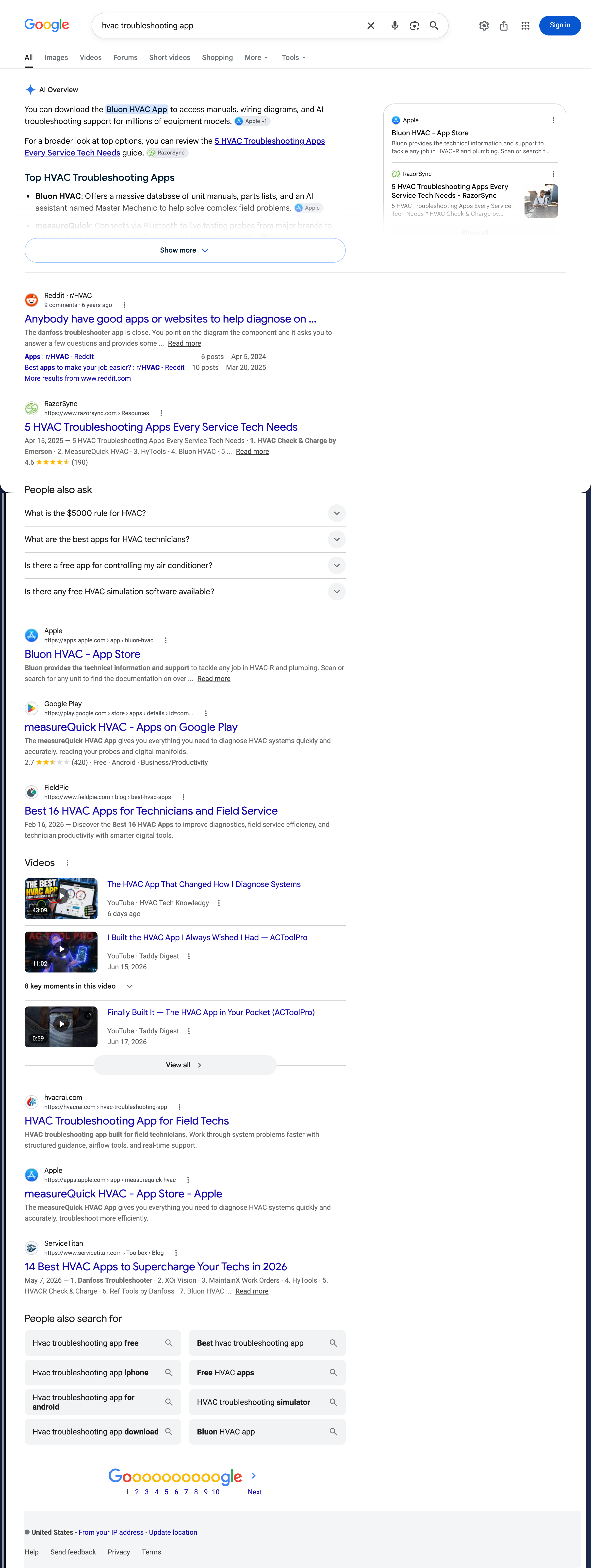 Full Google results page for hvac troubleshooting app