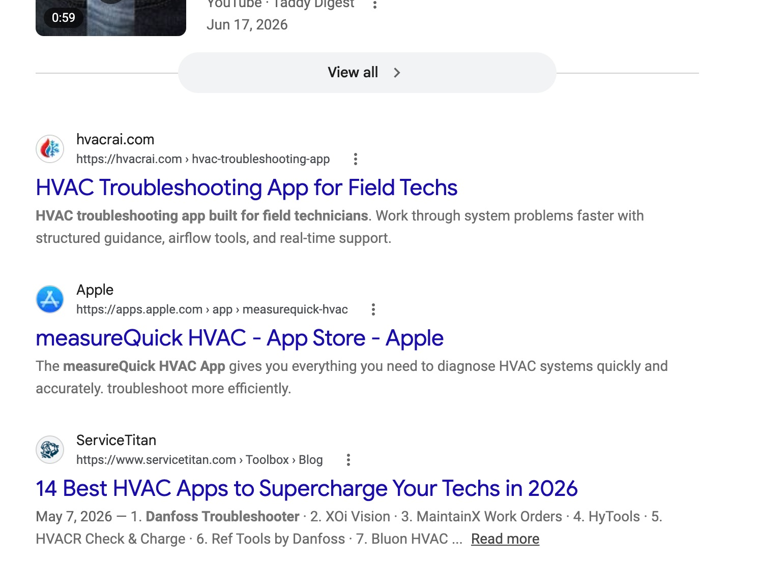 Live Google SERP for hvac troubleshooting app
